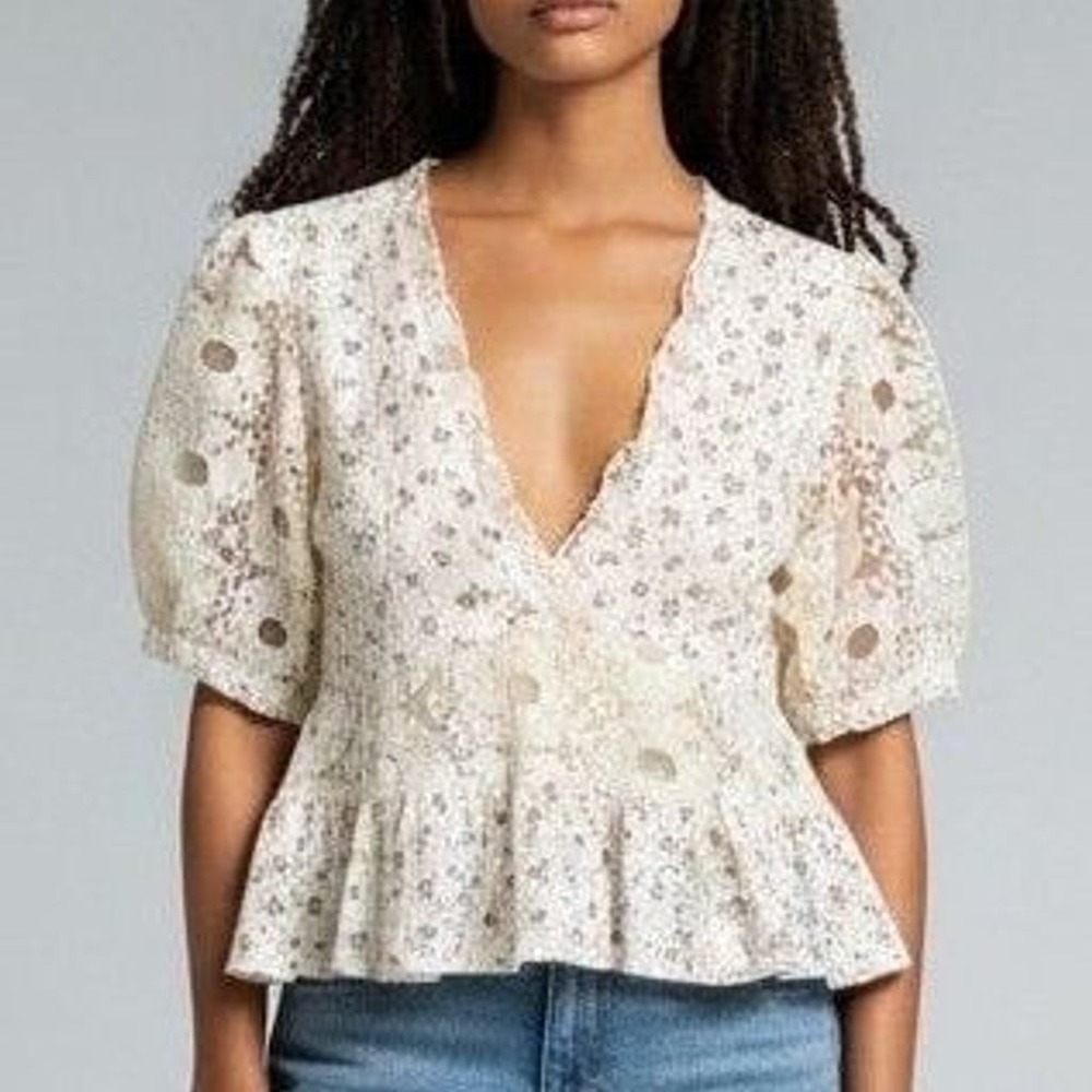 POL Women's Cream Floral and Lace V-Neck Peplum Top Size S